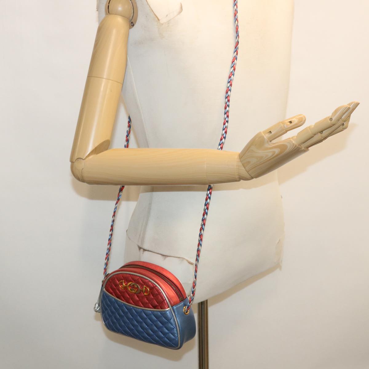 GUCCI Horsebit Pochette Shoulder Bag Lamb Skin Red Blue 534951 Auth 34948