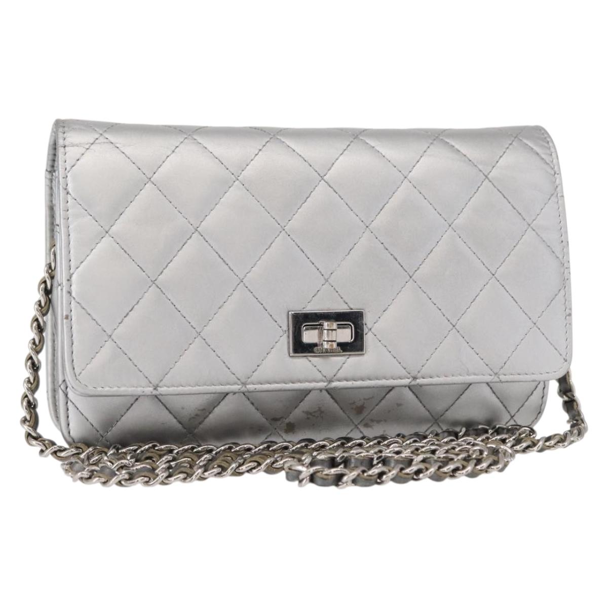 CHANEL Matelasse Chain Wallet Leather Silver CC Auth ka015