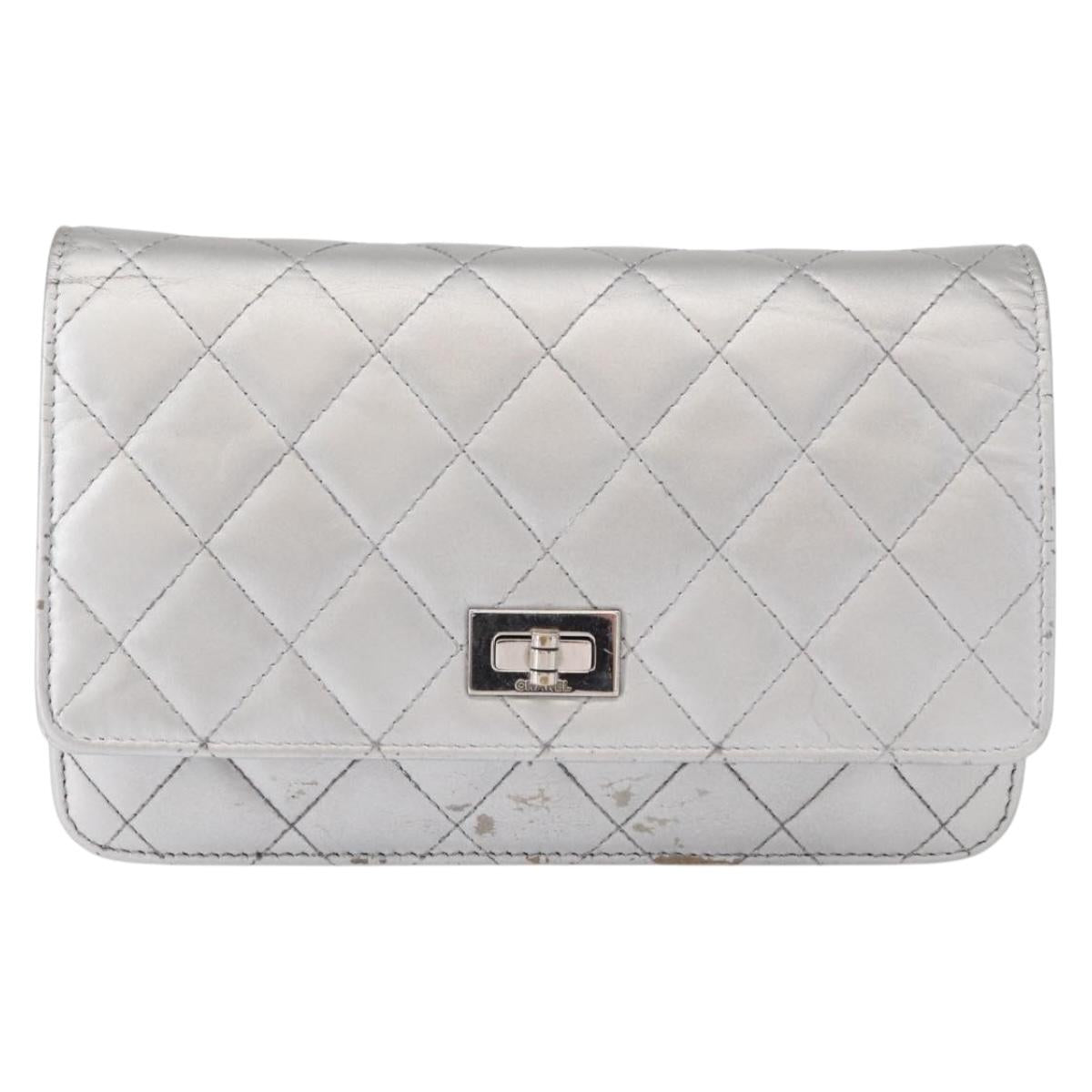 CHANEL Matelasse Chain Wallet Leather Silver CC Auth ka015