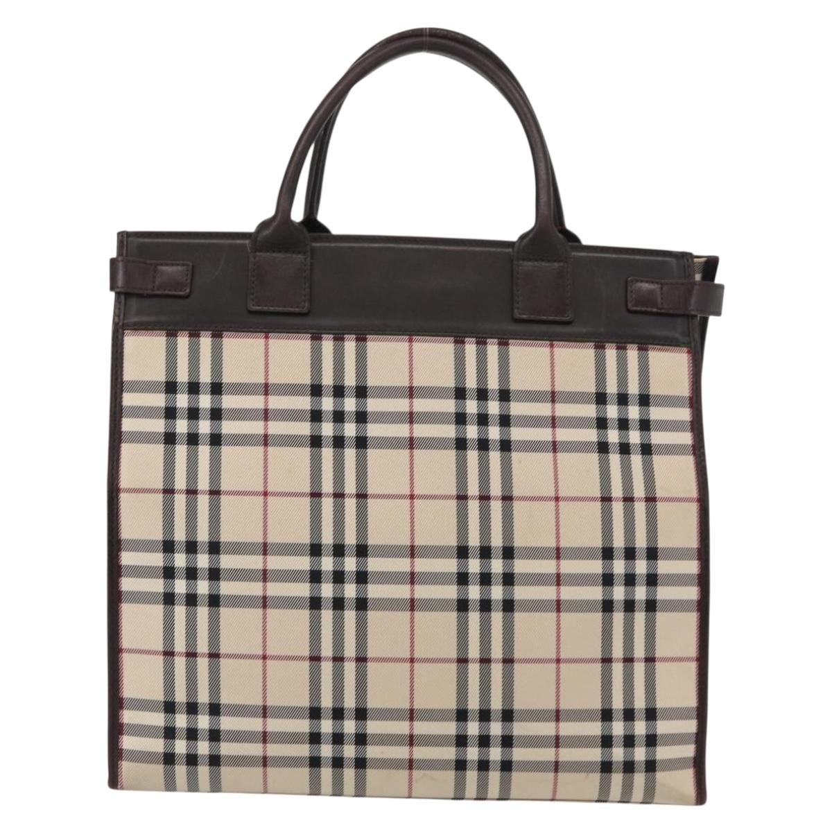 BURBERRY Nova Check Hand Bag Canvas Beige Silver Auth ka042