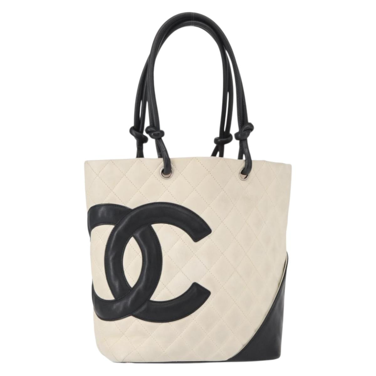 CHANEL Cambon Line Hand Bag Leather White Silver black CC Auth ka054