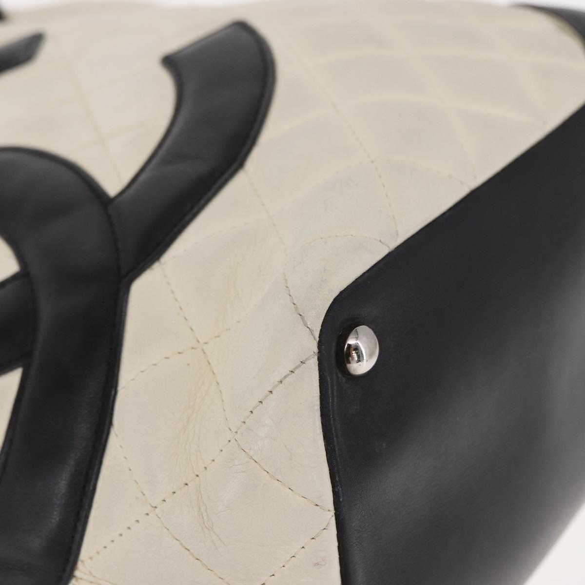 CHANEL Cambon Line Hand Bag Leather White Silver black CC Auth ka054