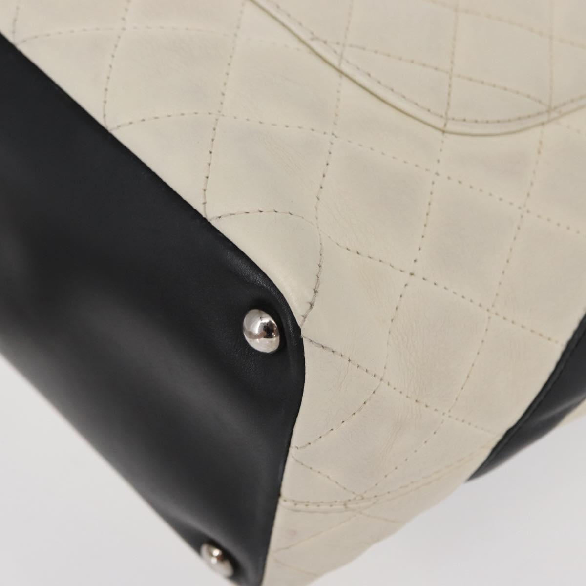 CHANEL Cambon Line Hand Bag Leather White Silver black CC Auth ka054