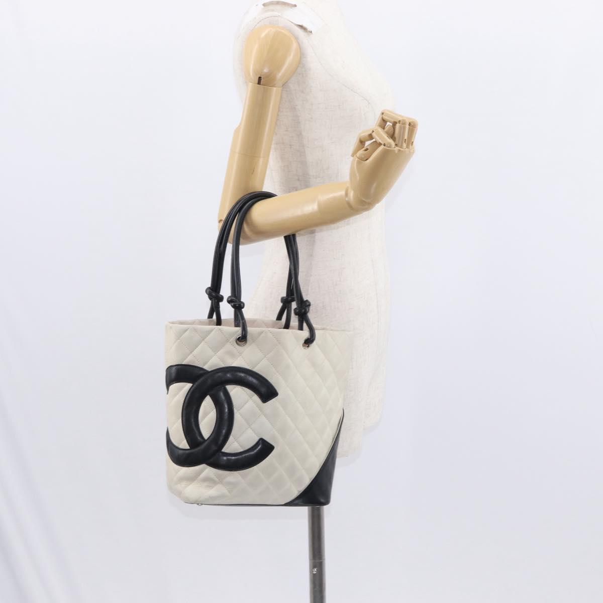 CHANEL Cambon Line Hand Bag Leather White Silver black CC Auth ka054