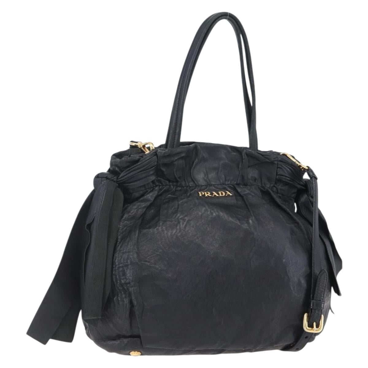 PRADA Hand Bag Leather 2way Black Gold Auth ka061
