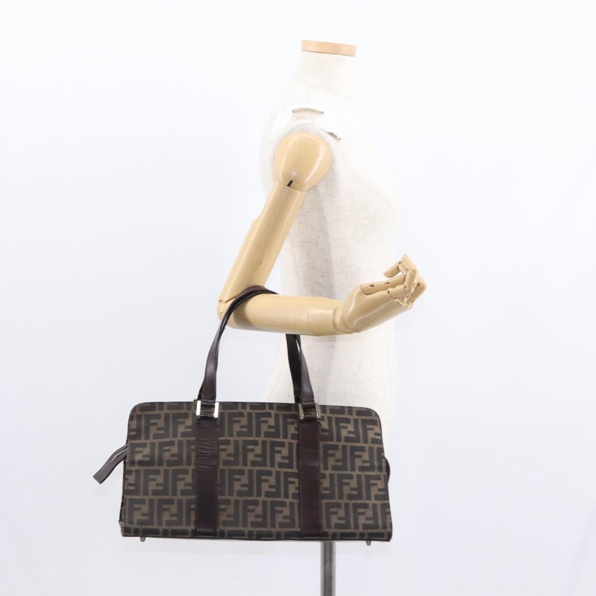 FENDI Zucca Canvas Hand Bag Black Brown Silver Auth ka063