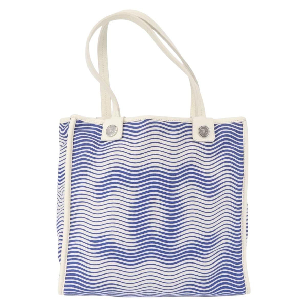CHANEL Tote Bag Canvas Leather Blue White CC Auth ka064