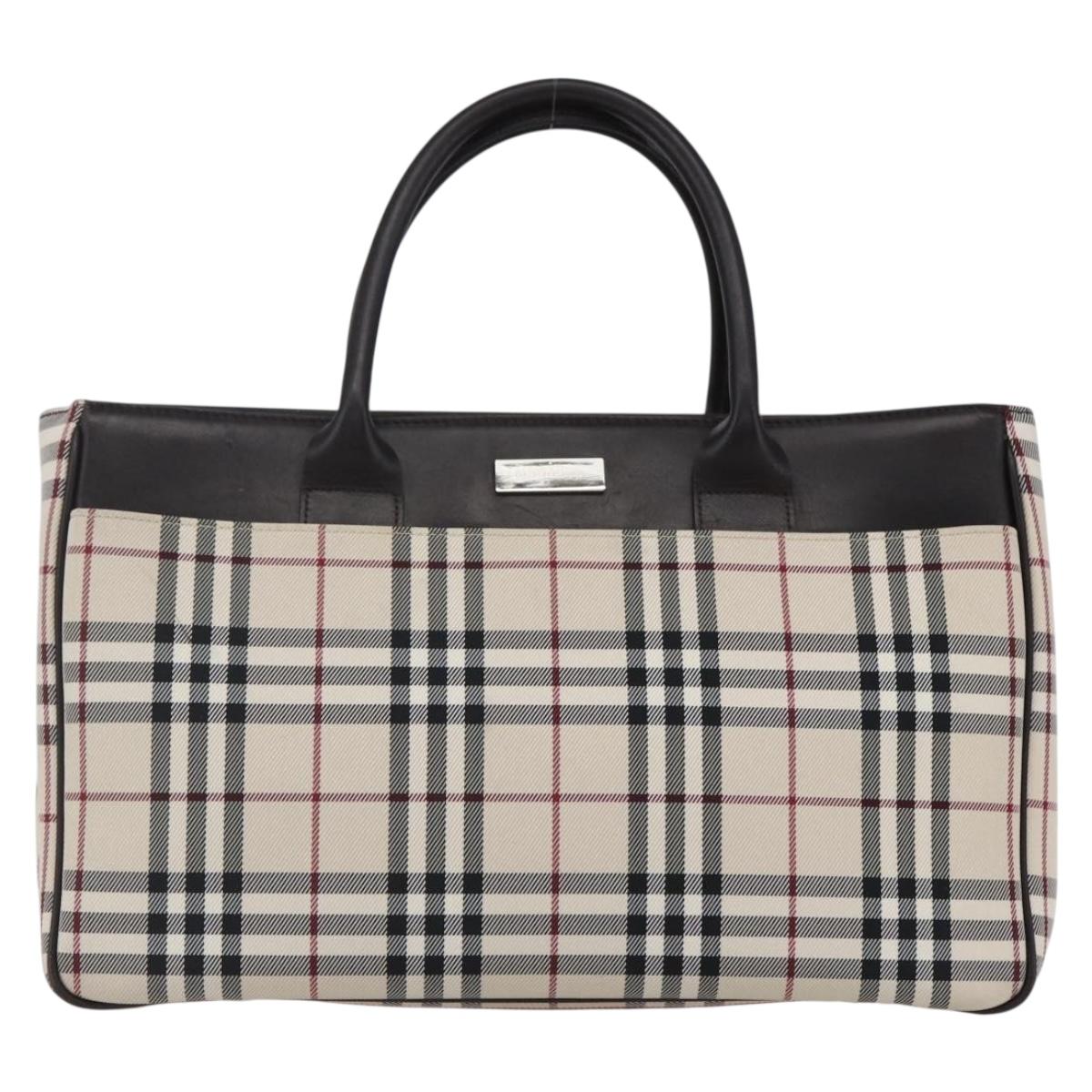 BURBERRY Nova Check Hand Bag Canvas Leather Beige Silver Auth ka065