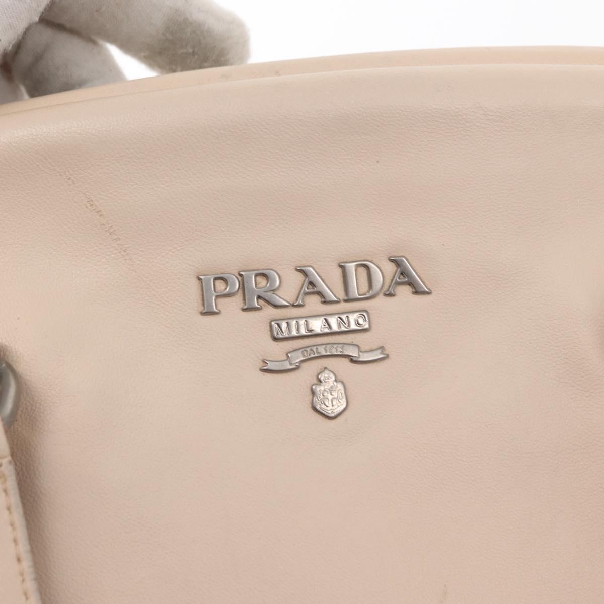 PRADA Shoulder Bag Leather Beige Silver Auth ka071