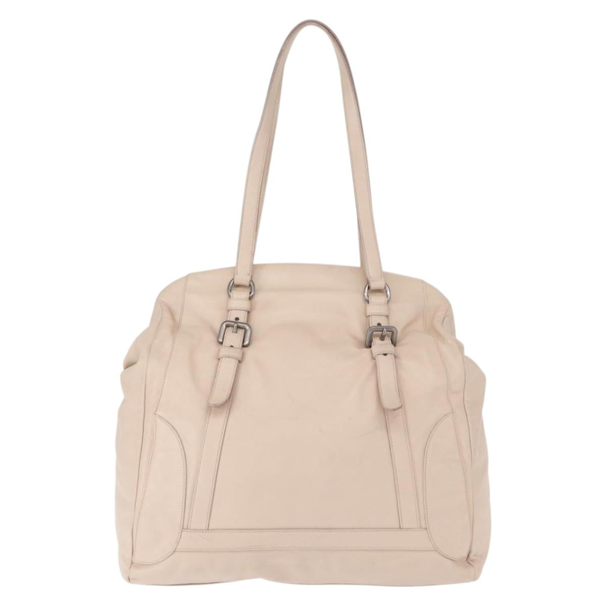 PRADA Shoulder Bag Leather Beige Silver Auth ka071