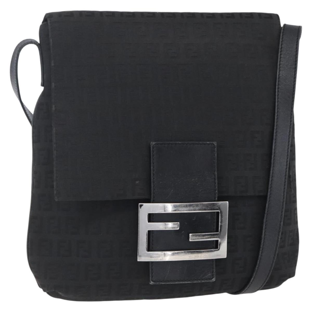 FENDI Zucchino Canvas Shoulder Bag Black Silver Auth ka081