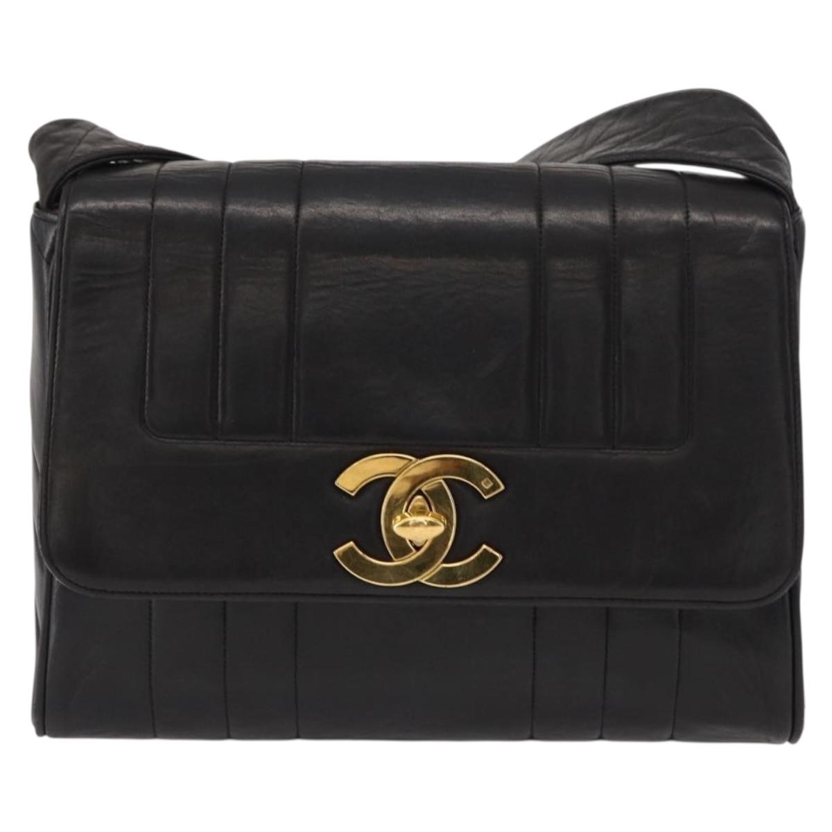 CHANEL New Mademoiselle Shoulder Bag Lamb Skin Black Silver CC Auth ka096V