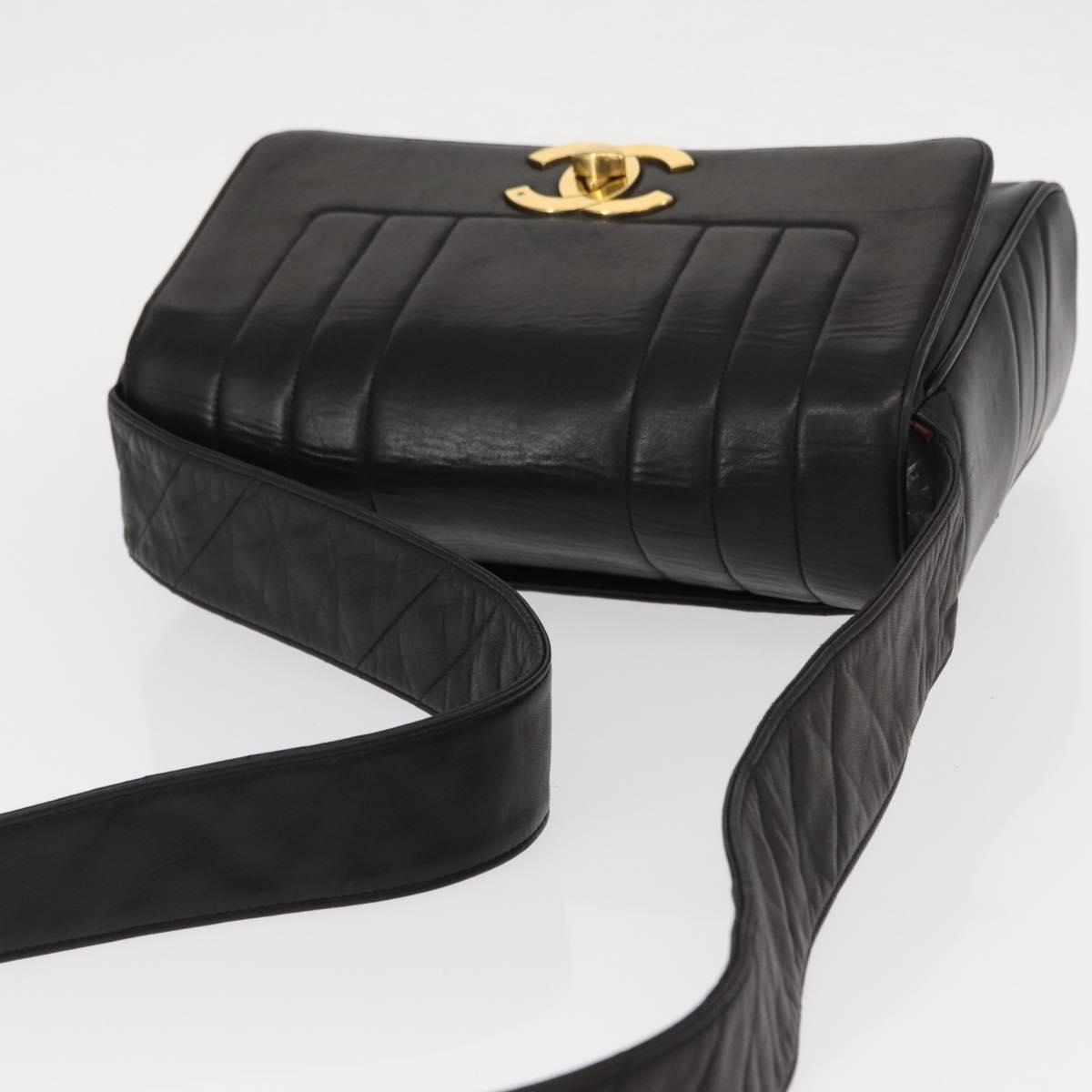 CHANEL New Mademoiselle Shoulder Bag Lamb Skin Black Silver CC Auth ka096V