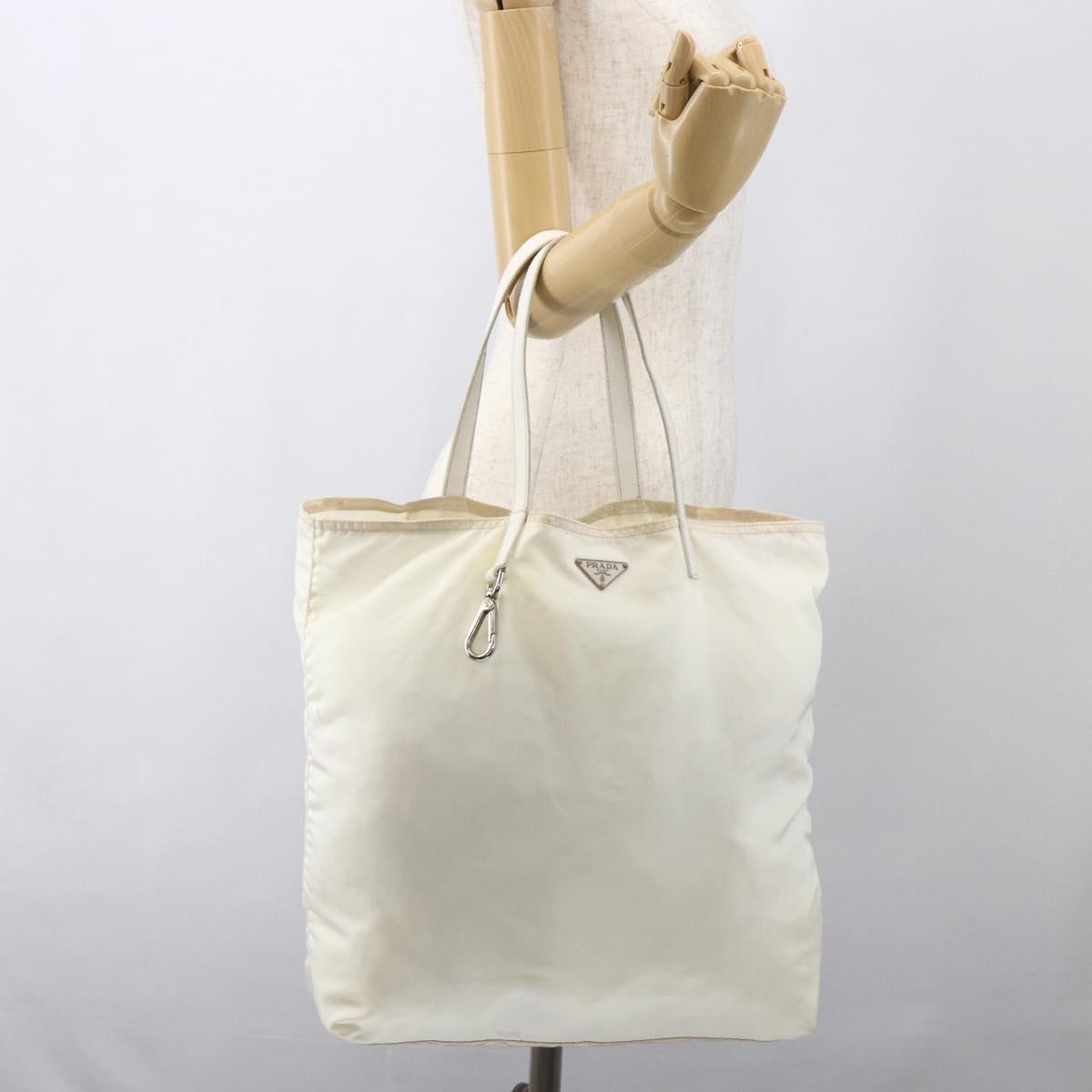 PRADA Tote Bag Nylon White Silver Auth ka1005