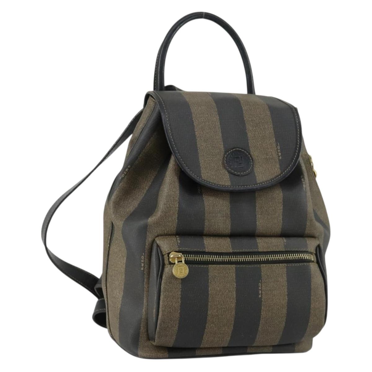 FENDI Pecan Canvas Backpack PVC Brown Black gold Auth ka1008