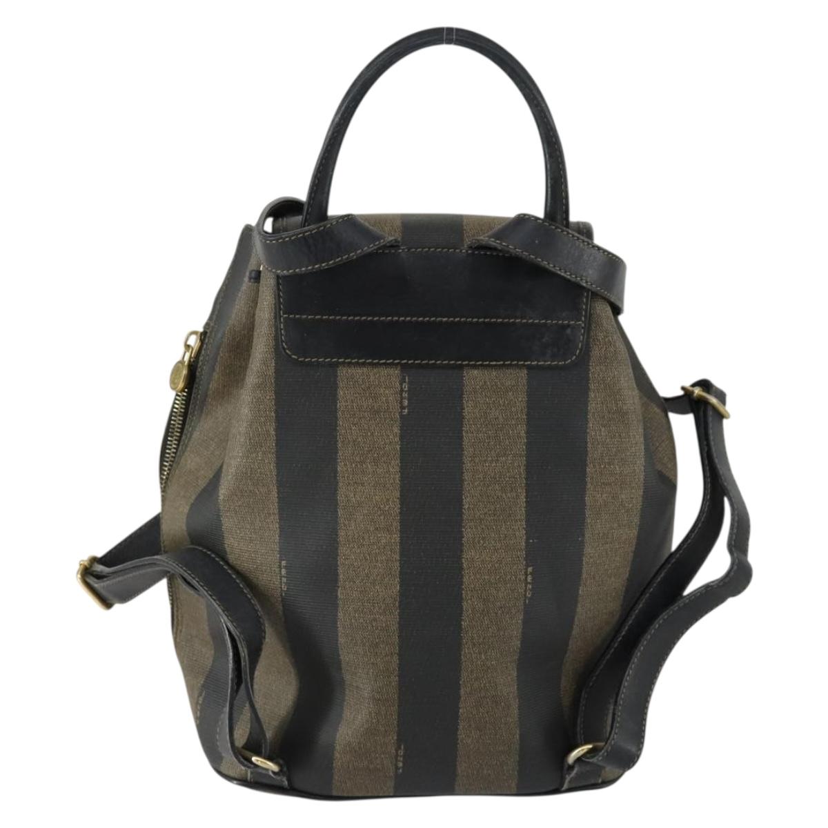 FENDI Pecan Canvas Backpack PVC Brown Black gold Auth ka1008