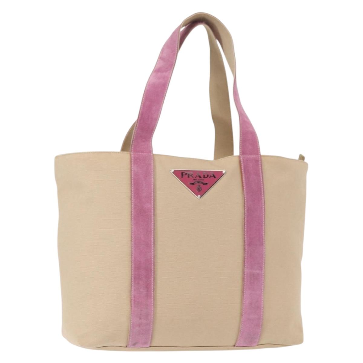 PRADA Tote Bag Canvas Beige Silver Auth ka101