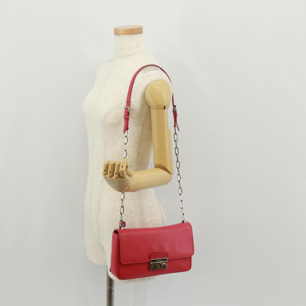 PRADA Chain Shoulder Bag Safiano leather Red Silver Auth ka1025V