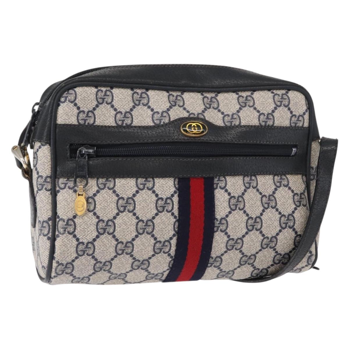 GUCCI GG Supreme Sherry Line Shoulder Bag PVC Navy Gold 378 02 004 Auth ka104