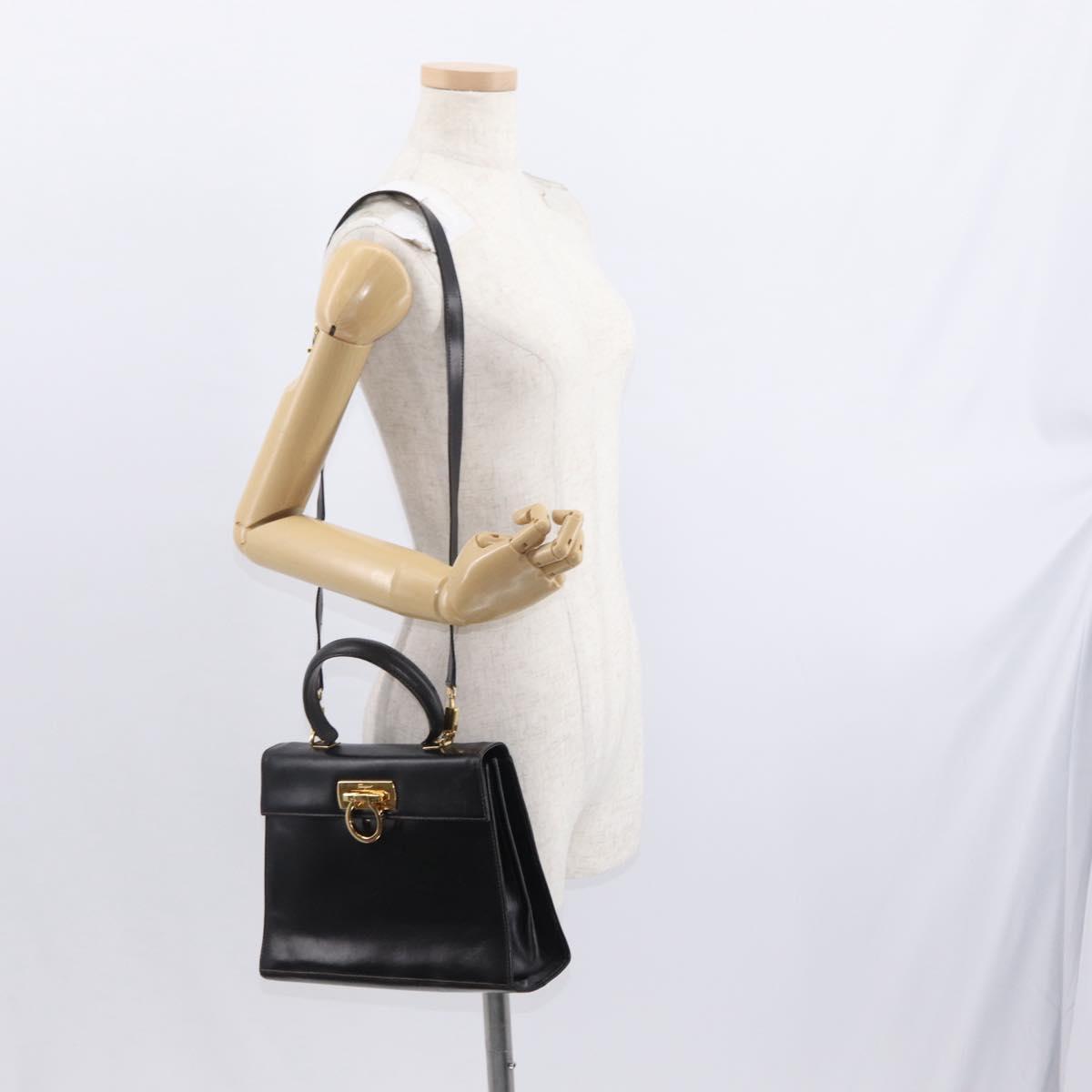 Salvatore Ferragamo Gancini Hand Bag Leather 2way Black Gold Auth ka1065