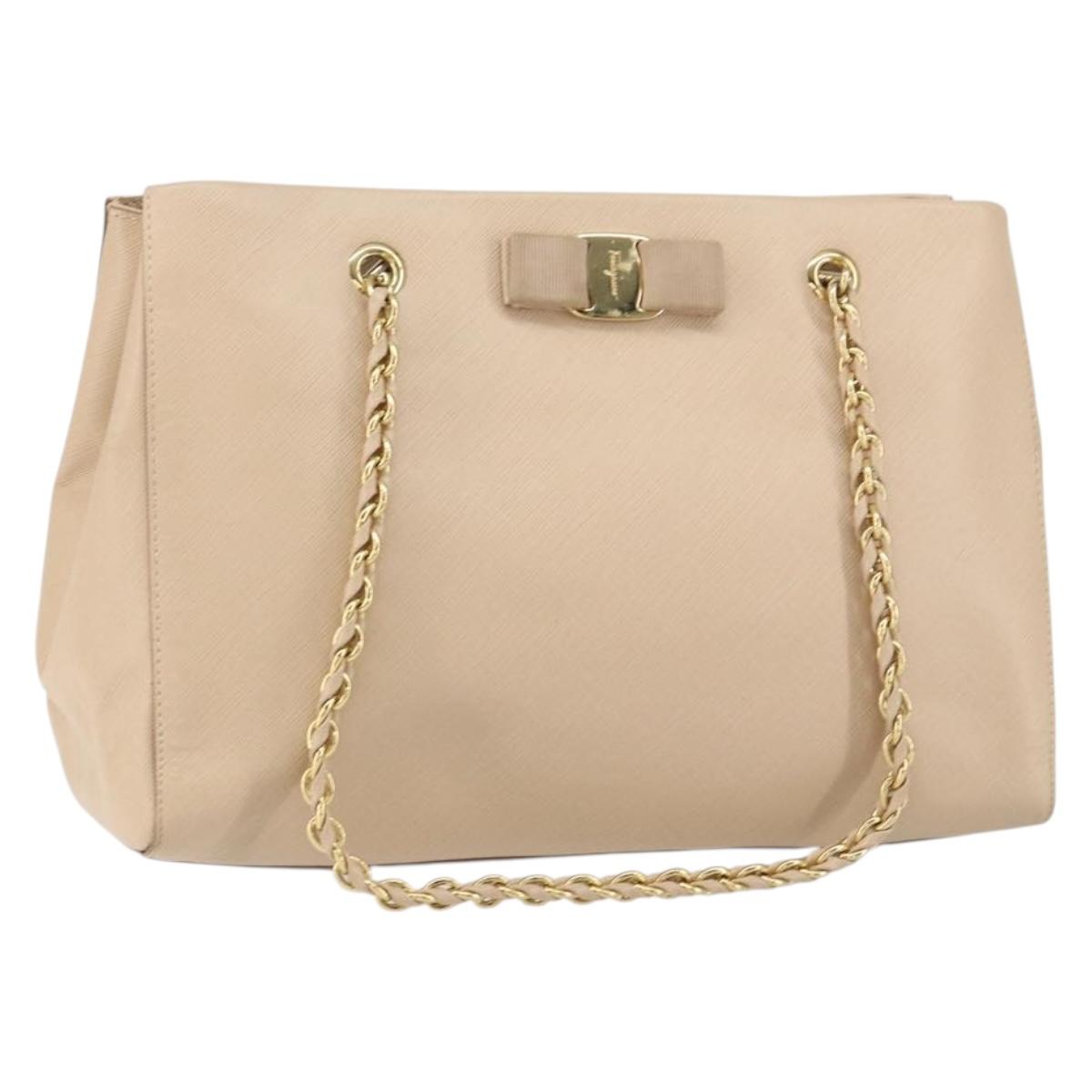 Salvatore Ferragamo Shoulder Bag Leather Gold Beige Auth ka111