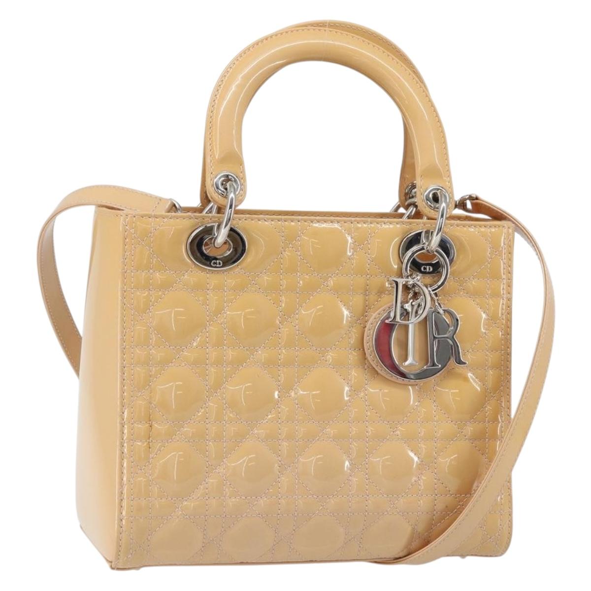 Christian Dior Lady Dior Canage Hand Bag Patent 2way Beige Silver Auth ka1144