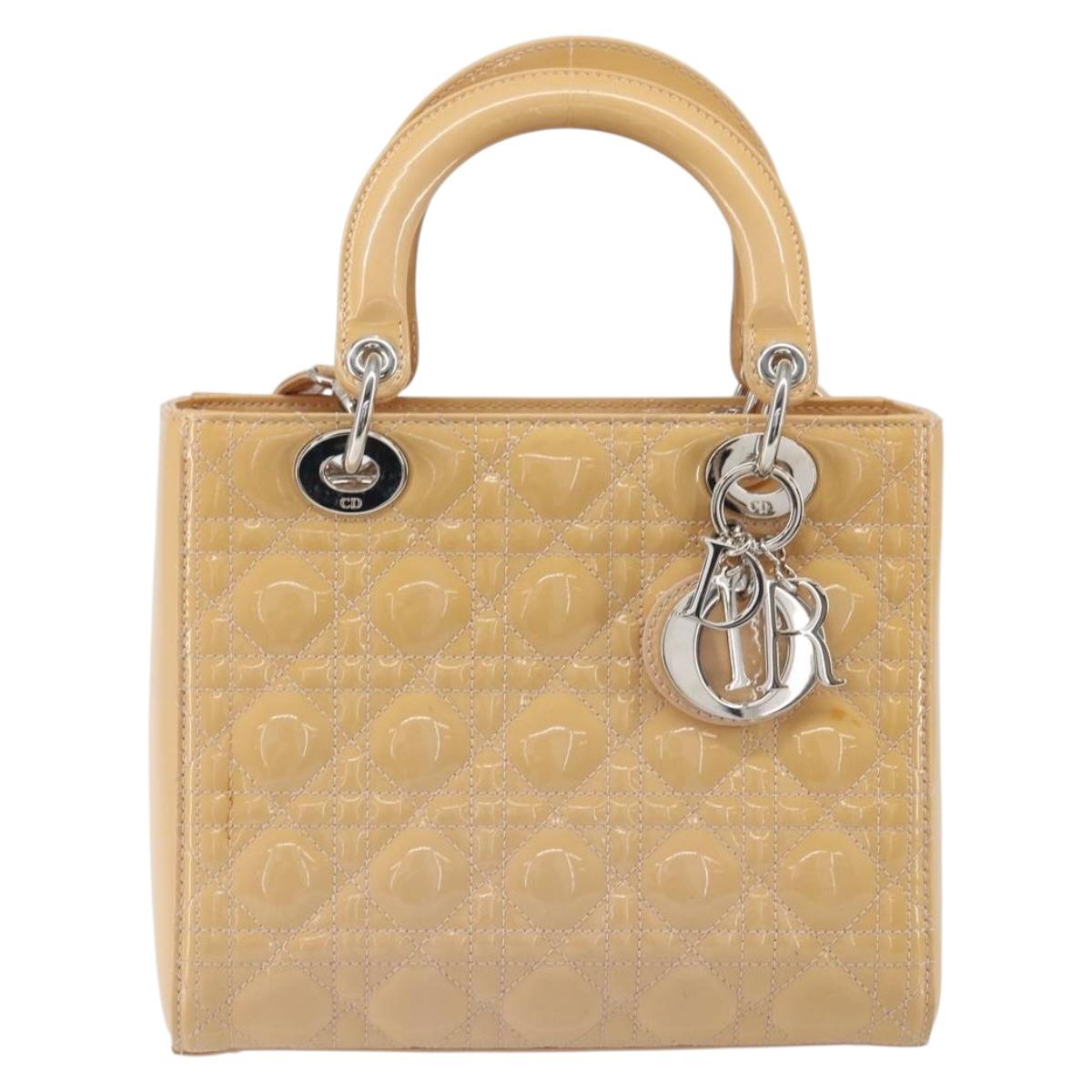 Christian Dior Lady Dior Canage Hand Bag Patent 2way Beige Silver Auth ka1144