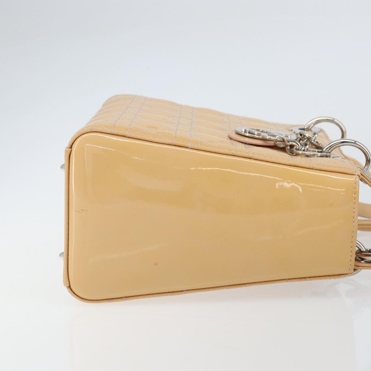 Christian Dior Lady Dior Canage Hand Bag Patent 2way Beige Silver Auth ka1144