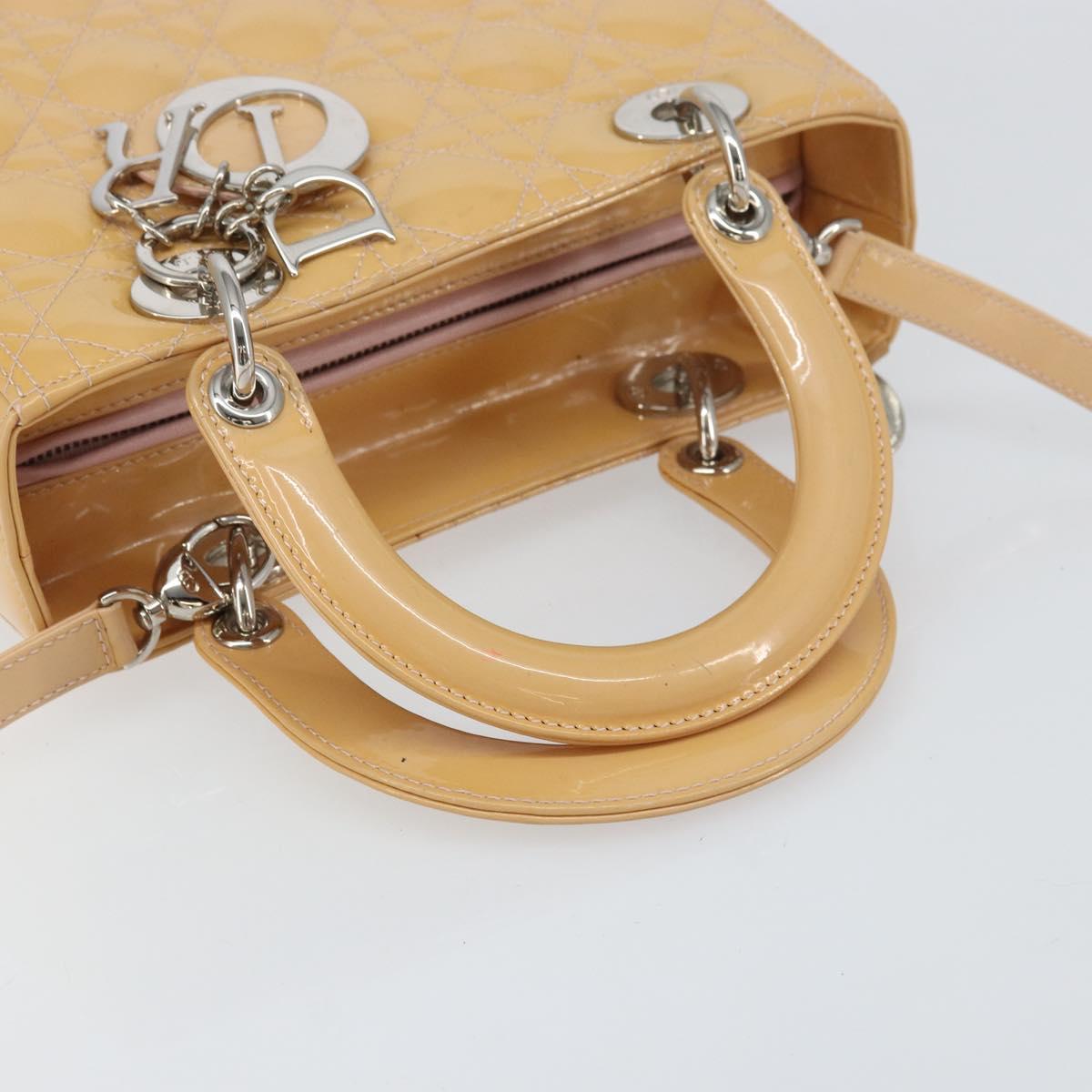 Christian Dior Lady Dior Canage Hand Bag Patent 2way Beige Silver Auth ka1144