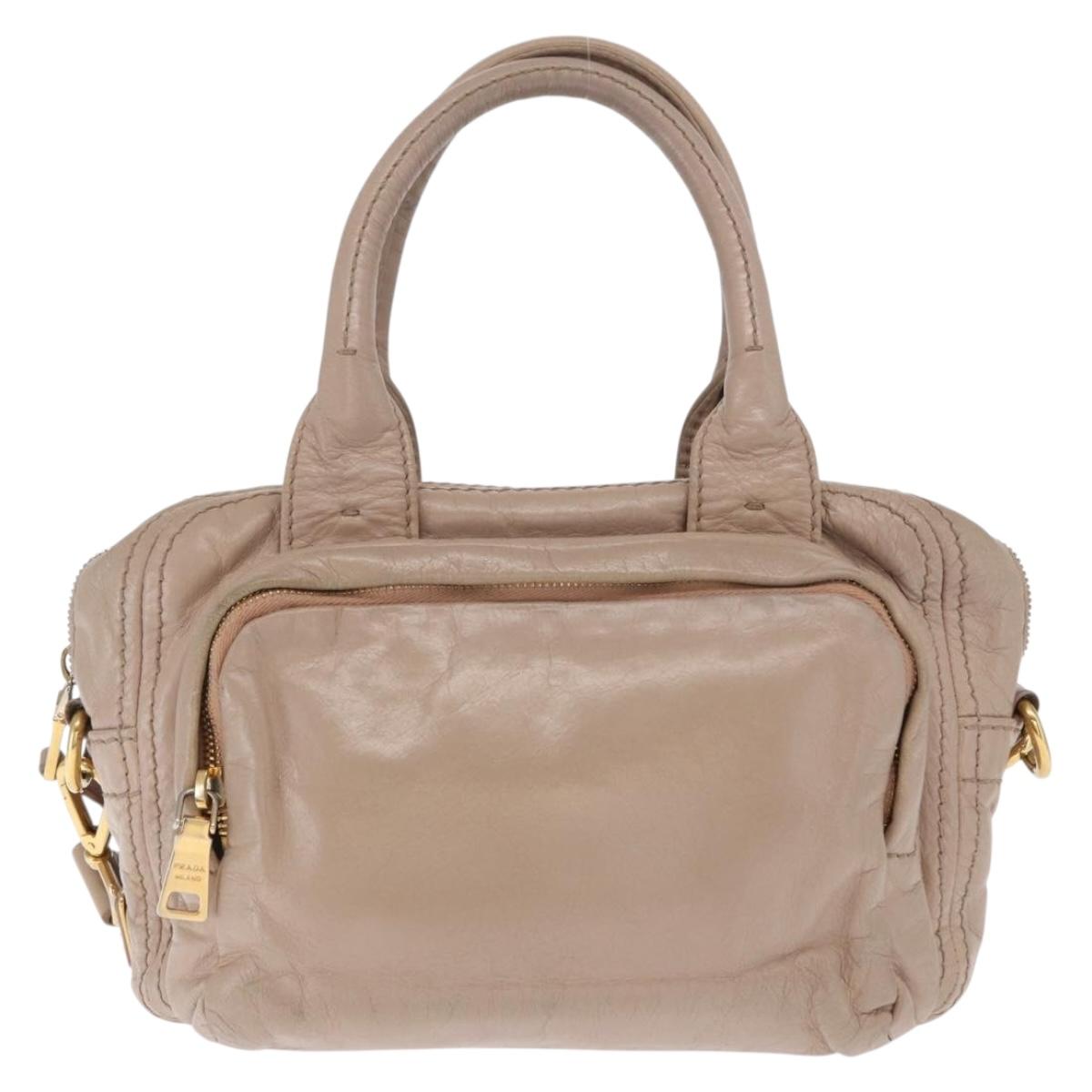 PRADA Hand Bag Leather 2way Beige Gold Auth ka1158