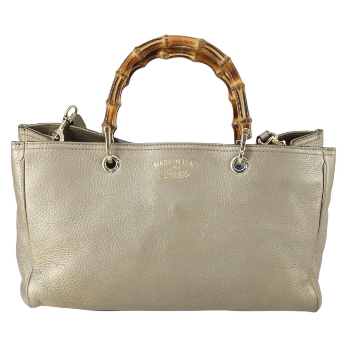 GUCCI Bamboo Hand Bag Leather 2way Beige Gold 323660 Auth ka1163