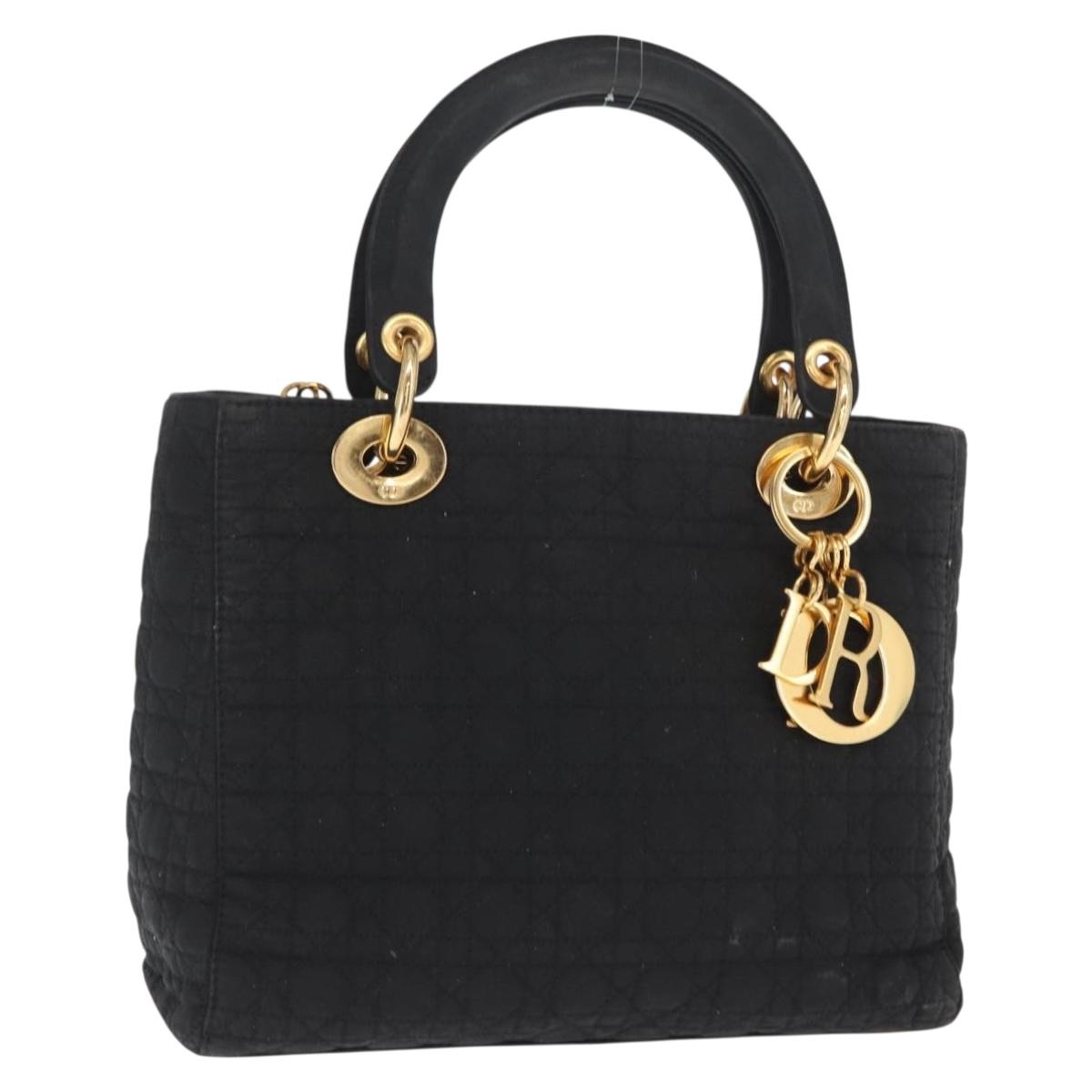 Christian Dior Lady Dior Canage Hand Bag Nylon Black Gold Auth ka1172