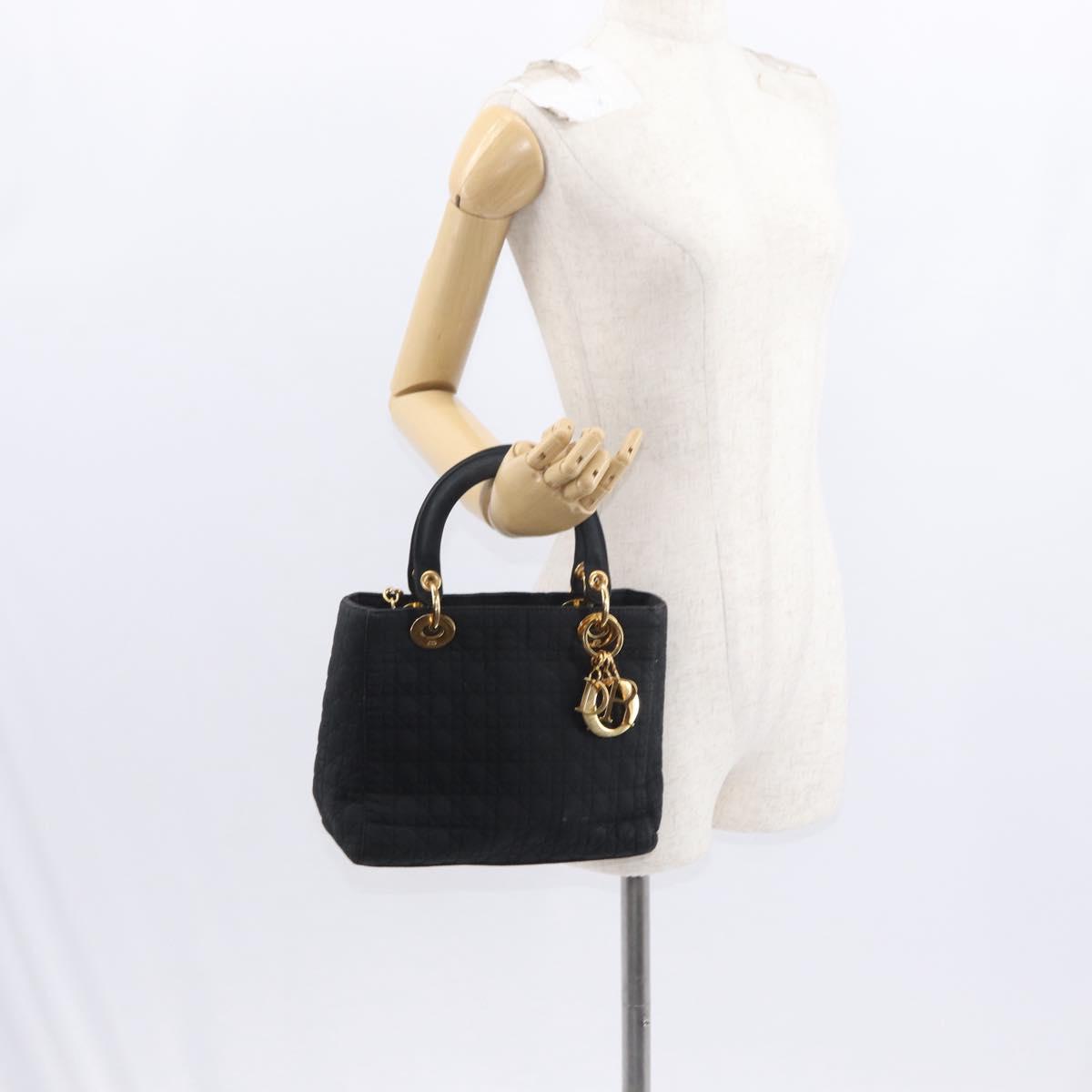 Christian Dior Lady Dior Canage Hand Bag Nylon Black Gold Auth ka1172