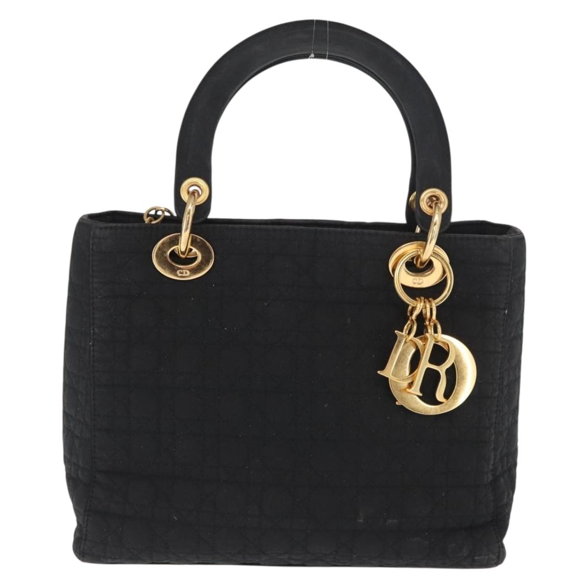 Christian Dior Lady Dior Canage Hand Bag Nylon Black Gold Auth ka1172