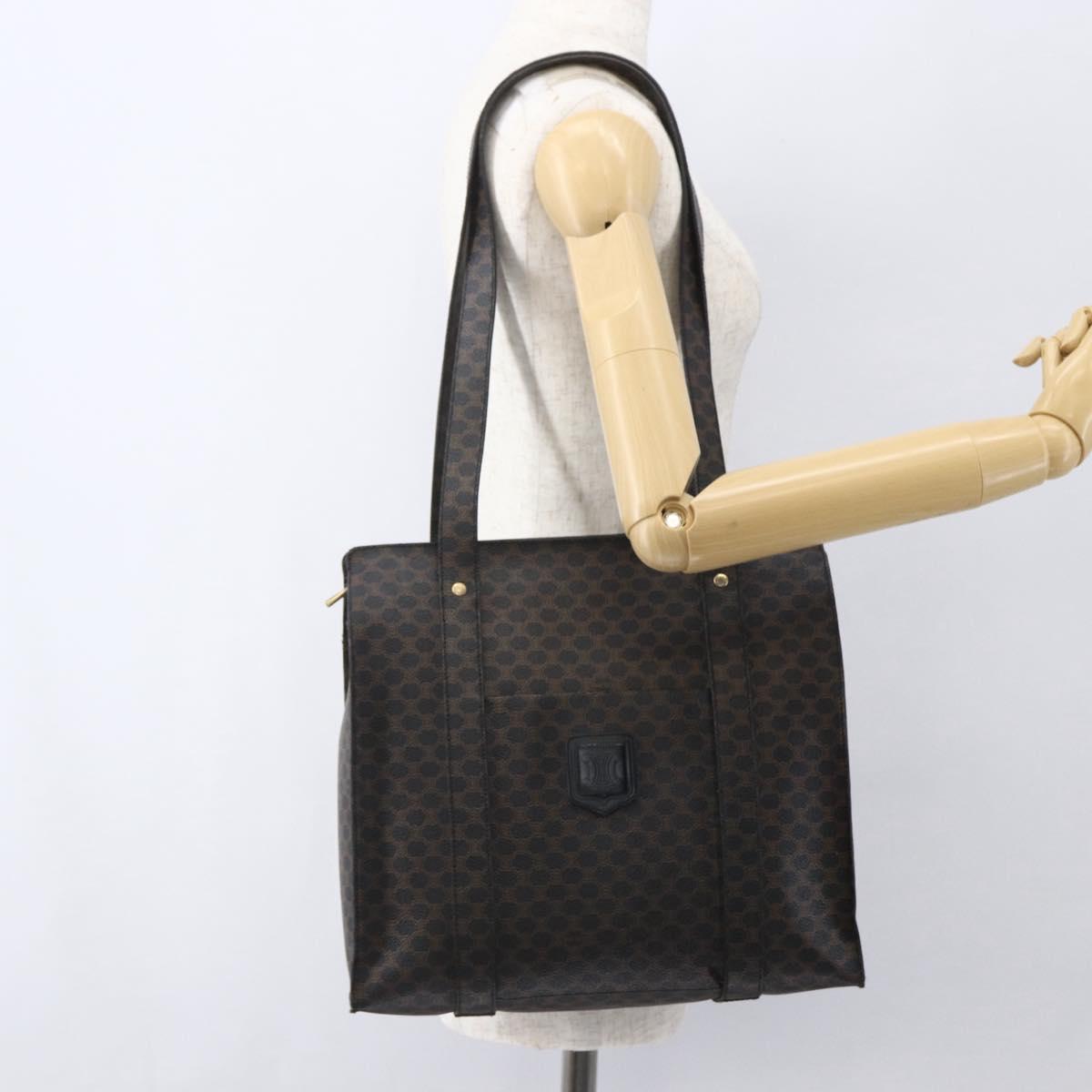 CELINE Macadam Canvas Tote Bag PVC Leather Black Gold Auth ka1178A