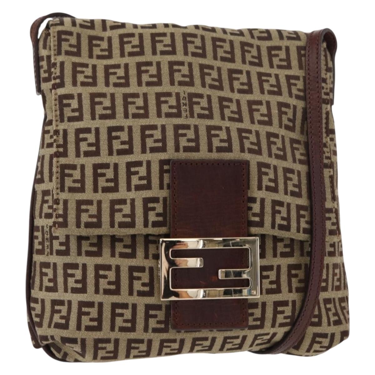 FENDI Zucchino Canvas Shoulder Bag Beige Gold Auth ka118