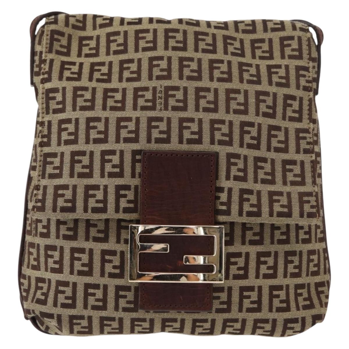 FENDI Zucchino Canvas Shoulder Bag Beige Gold Auth ka118