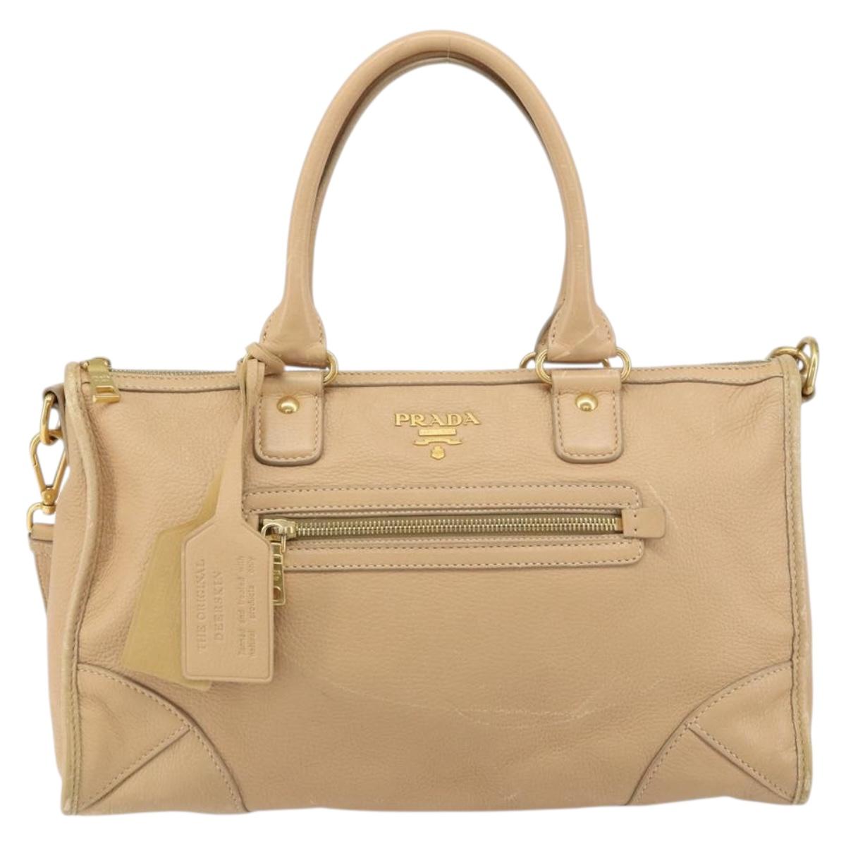 PRADA Hand Bag Leather 2way Beige Gold Auth ka1190