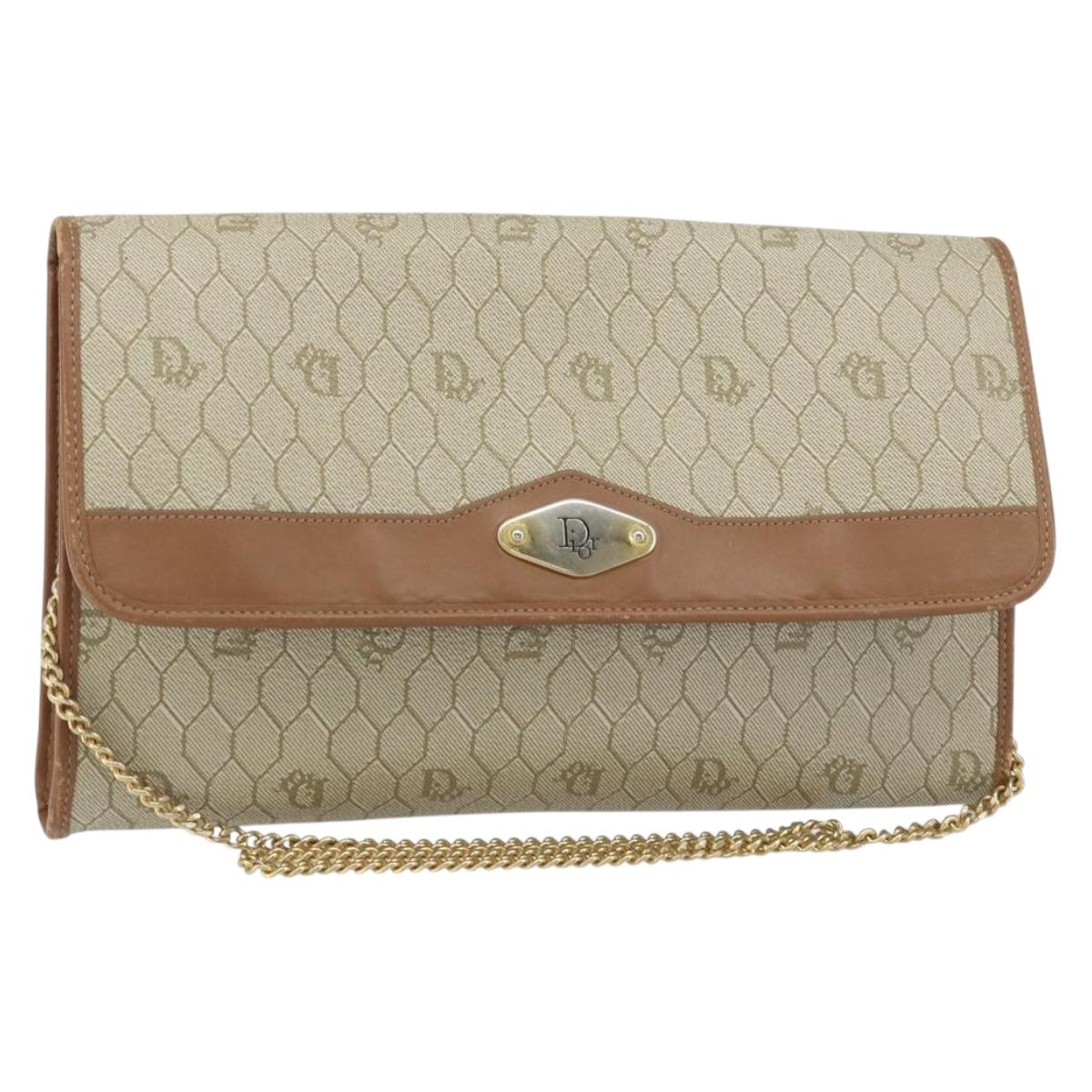 Christian Dior Honeycomb Canvas Chain Shoulder Bag PVC Beige Gold Auth ka1192