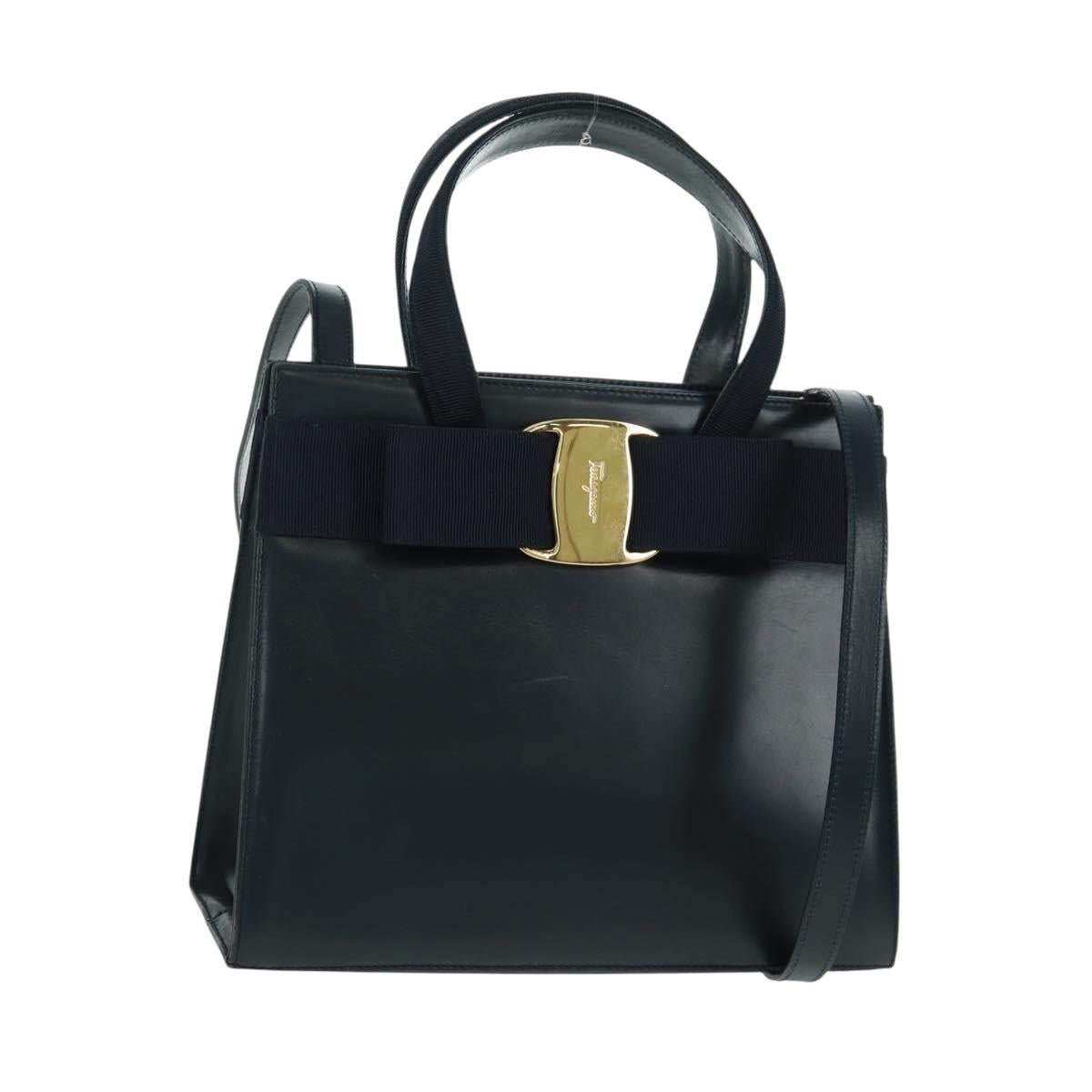 Salvatore Ferragamo Vala Hand Bag Leather 2way Navy Gold Auth ka1224