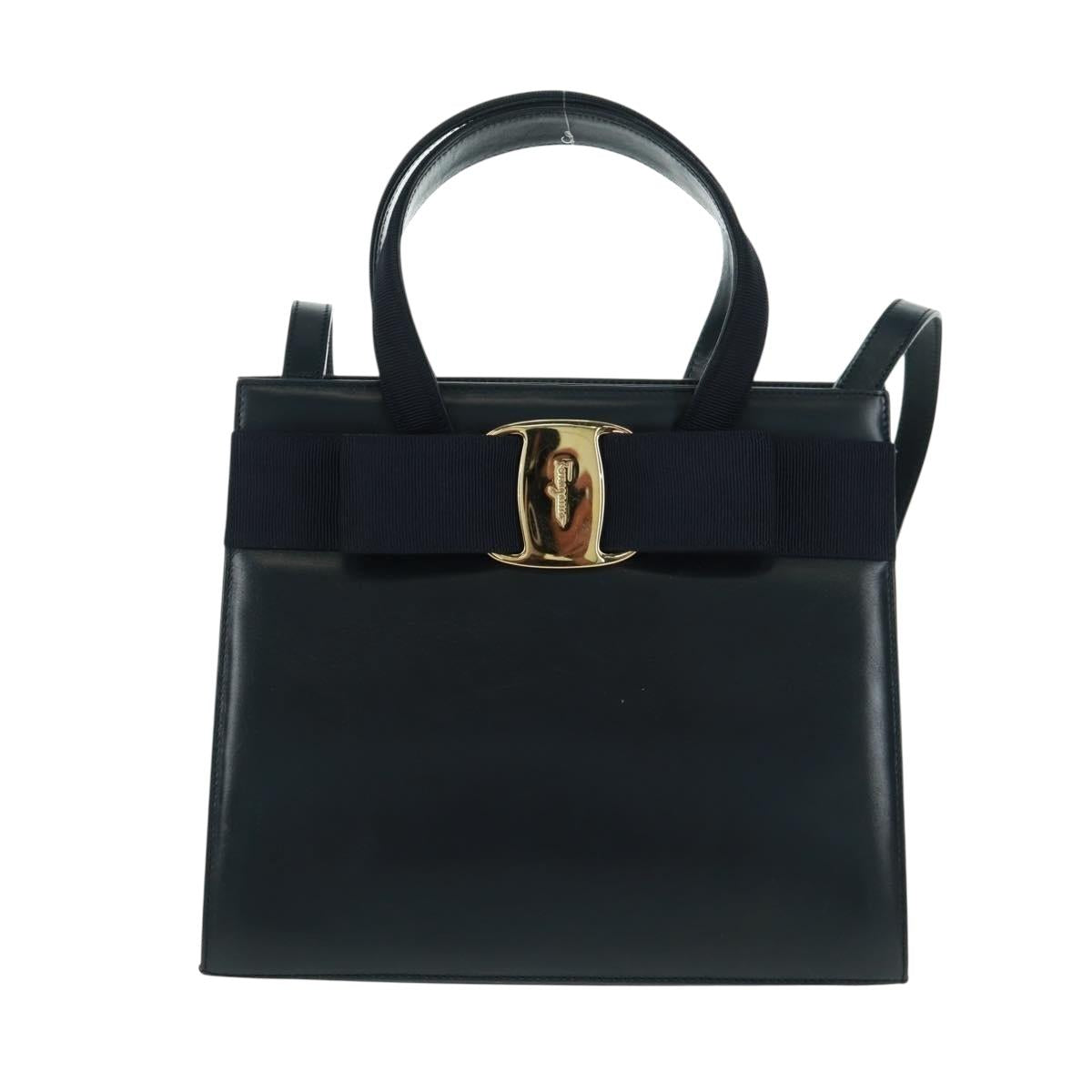 Salvatore Ferragamo Vala Hand Bag Leather 2way Navy Gold Auth ka1224