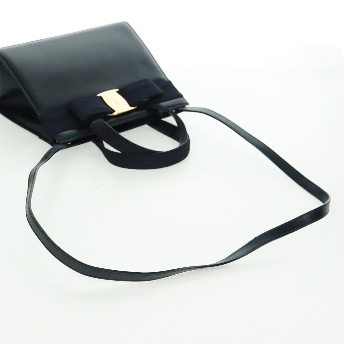 Salvatore Ferragamo Vala Hand Bag Leather 2way Navy Gold Auth ka1224