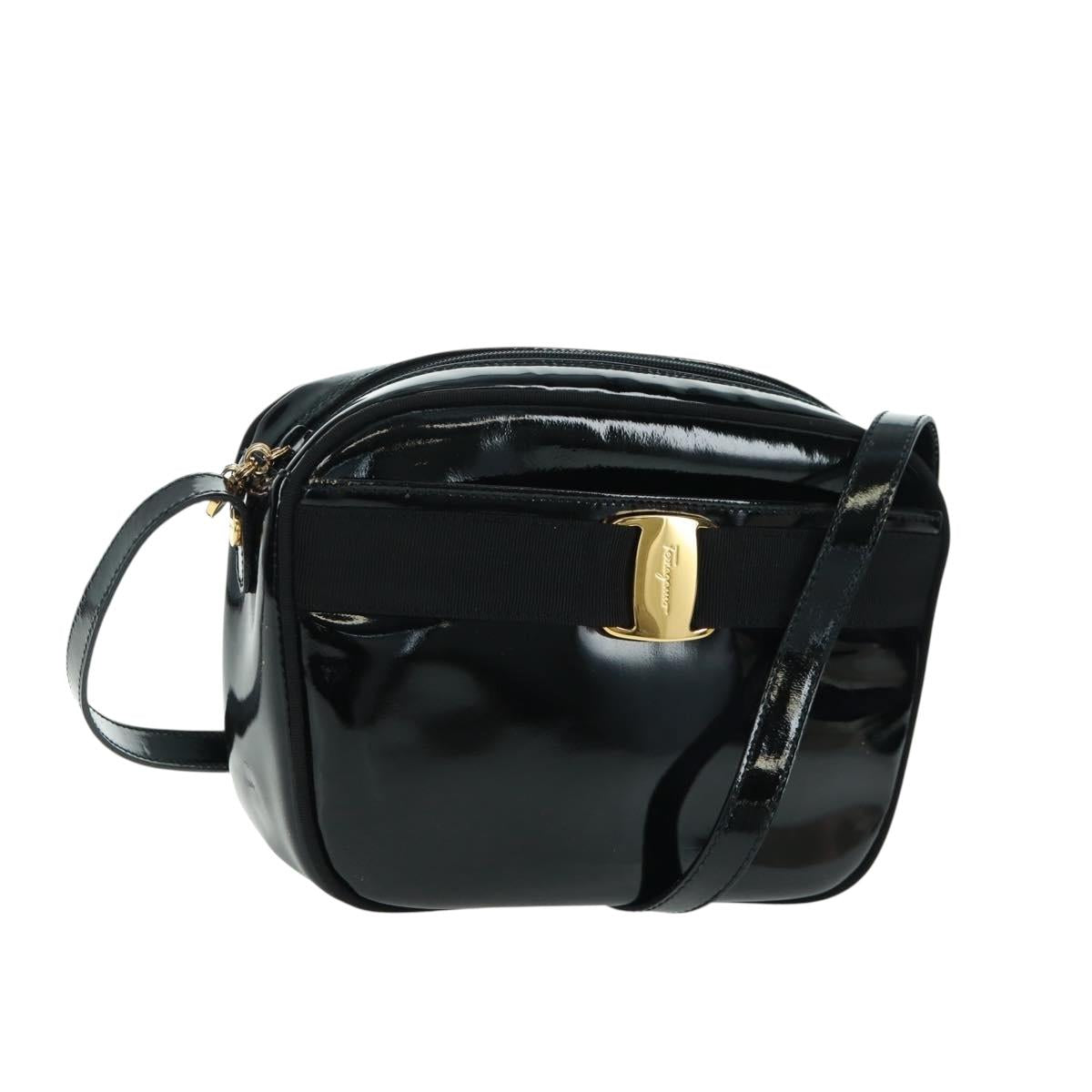 Salvatore Ferragamo Shoulder Bag Patent leather Black Gold Auth ka1226