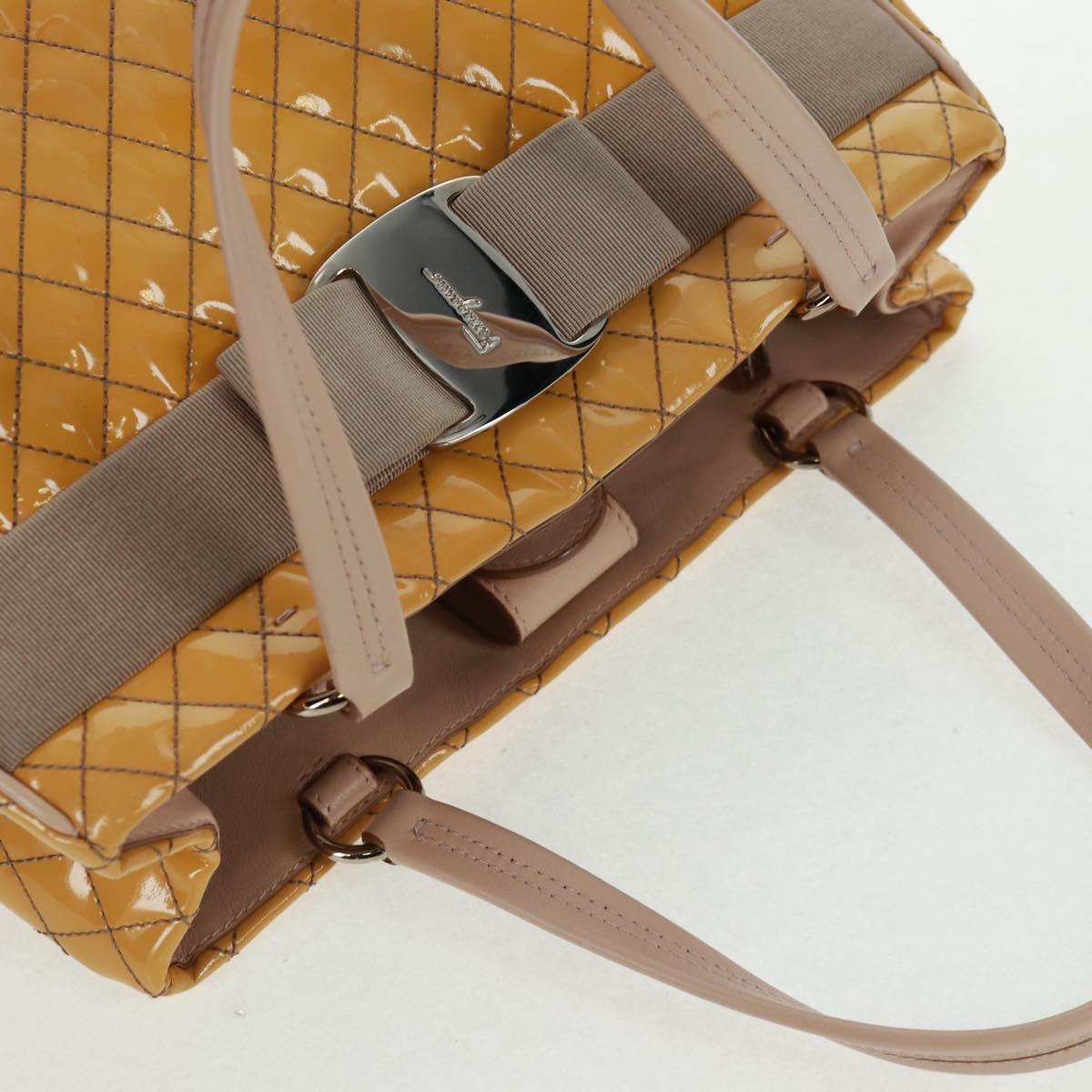 Salvatore Ferragamo Hand Bag Patent leather Yellow Silver Auth ka1247