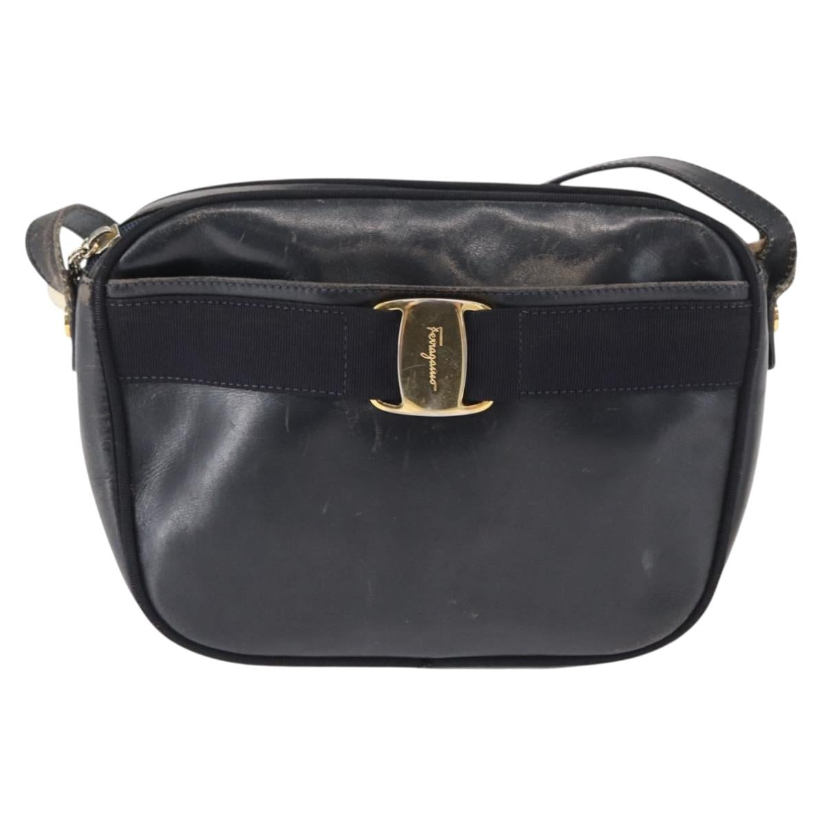 Salvatore Ferragamo Shoulder Bag Leather Navy Gold Auth ka1249