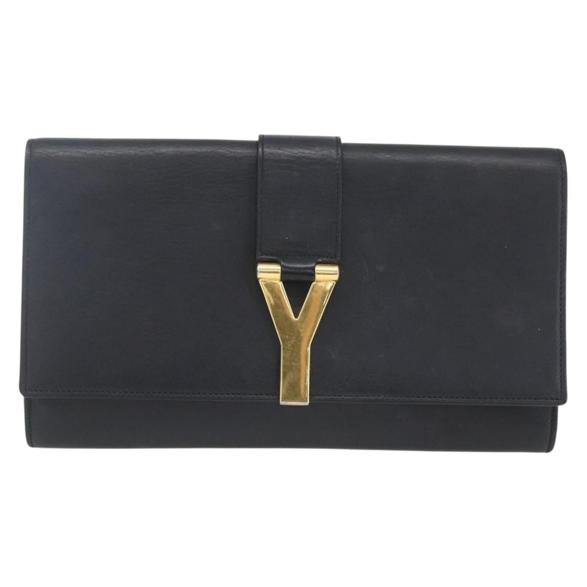 SAINT LAURENT Clutch Bag Leather Black Gold Auth ka1261
