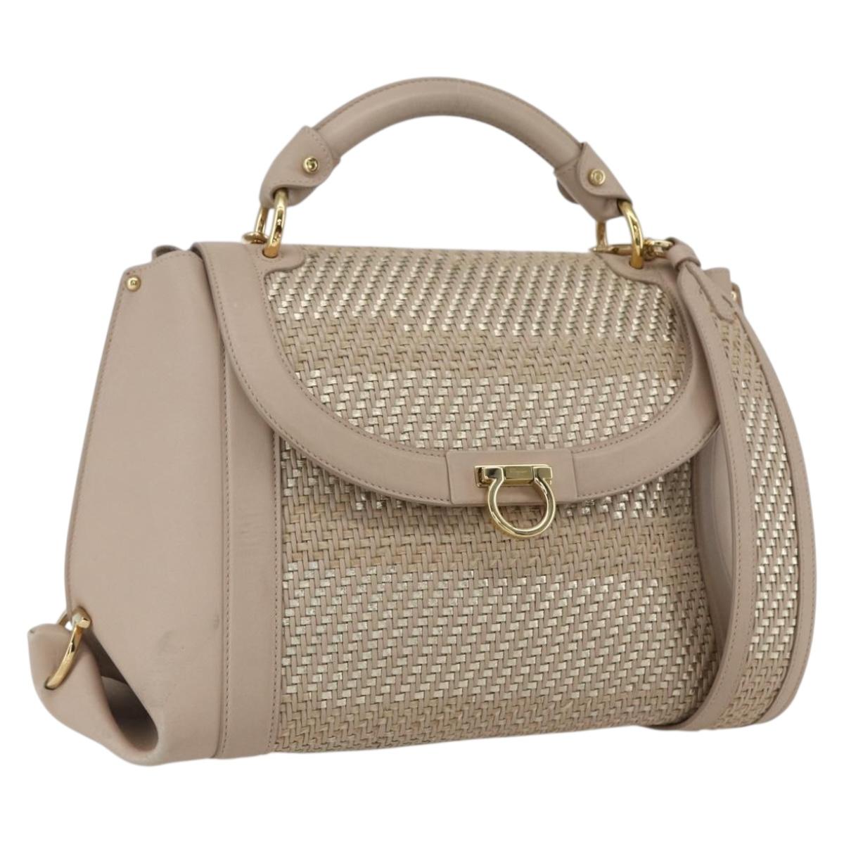 Salvatore Ferragamo Gancini Hand Bag Leather 2way Beige Gold Auth ka1275
