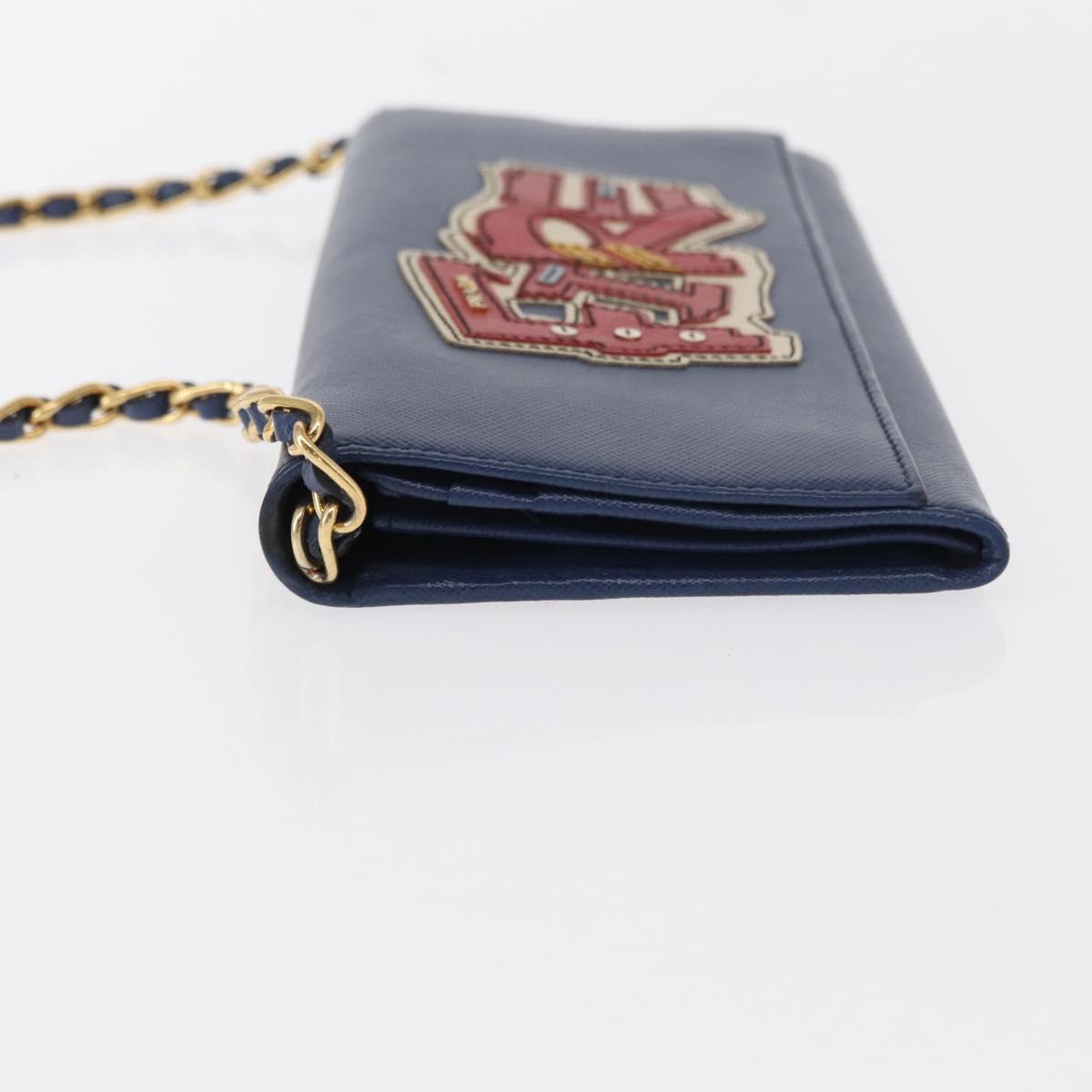 PRADA Chain Shoulder Wallet Safiano leather Blue Gold Auth ka128