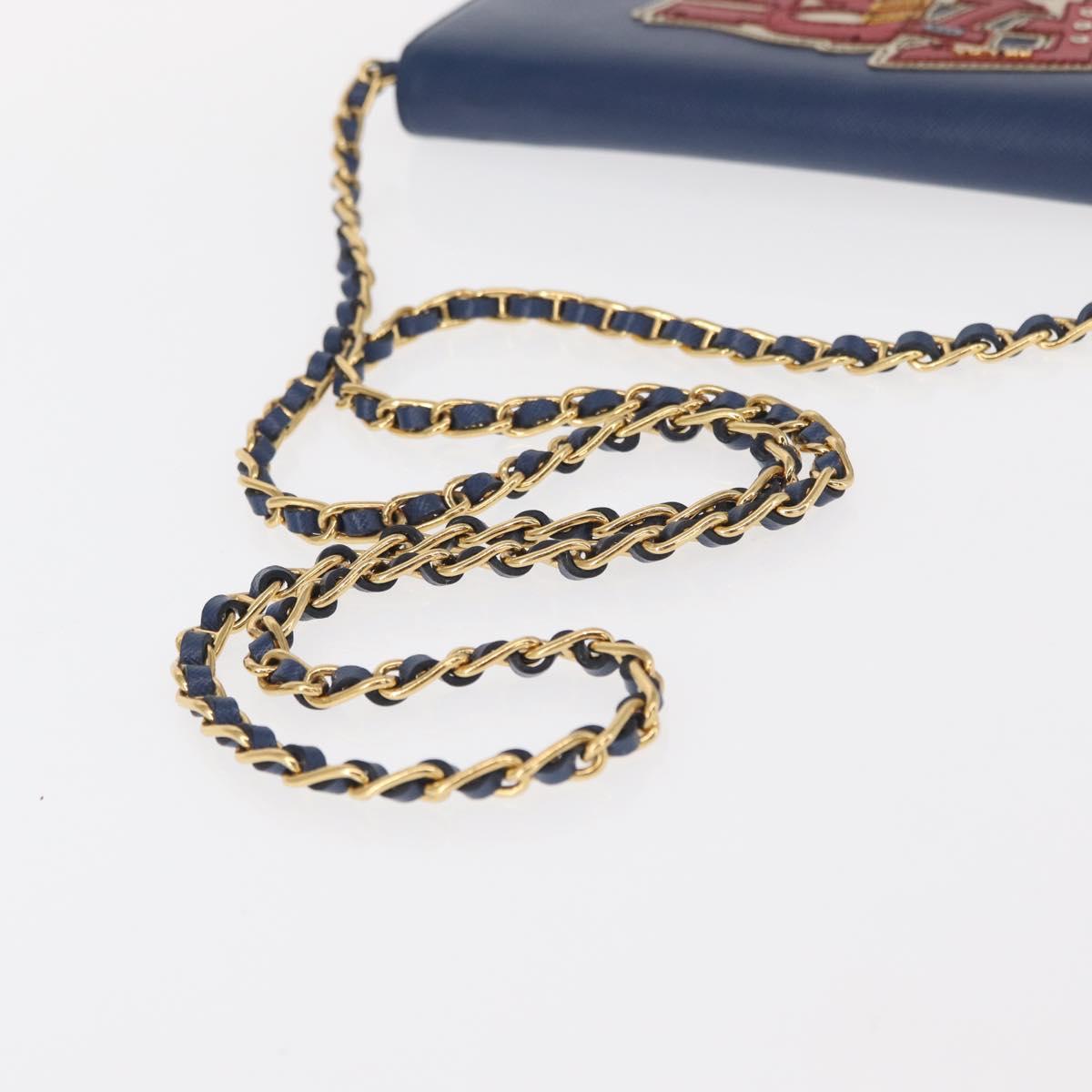 PRADA Chain Shoulder Wallet Safiano leather Blue Gold Auth ka128