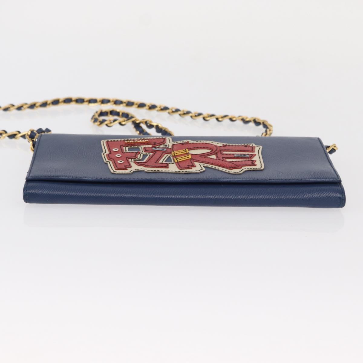 PRADA Chain Shoulder Wallet Safiano leather Blue Gold Auth ka128